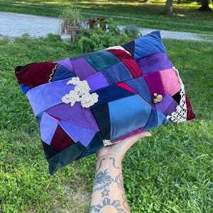 Handmade Crazy Quilt Patchwork Velvet Pillow Lace Satin Purple Lumbar Boho 15x9